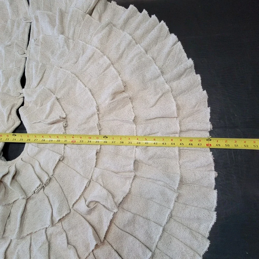 VHC‎ Christmas Tree Skirt Cream Silver Ruffled Burlap Metallic Tiered